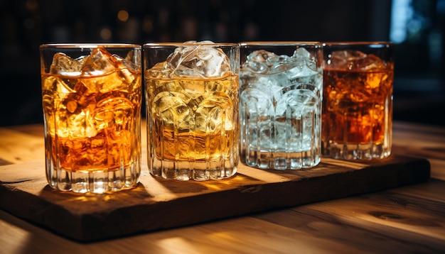 Foto gratuita rinfrescante cocktail di whisky versato sul ghiaccio in un bar rustico generato dall'intelligenza artificiale