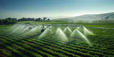 Free photo refreshment from above as sprinklers arc water over the geometric greenery of the fields