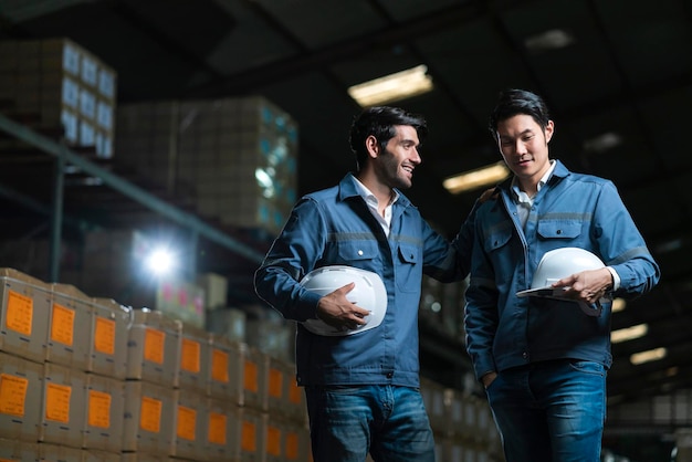 Free photo relax casual male asian and caucasian engineer staff worker in uniform happy conversation after work in warehouse distribution background