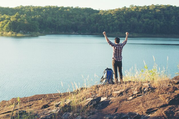 relaxing backpack happy freedom traveler