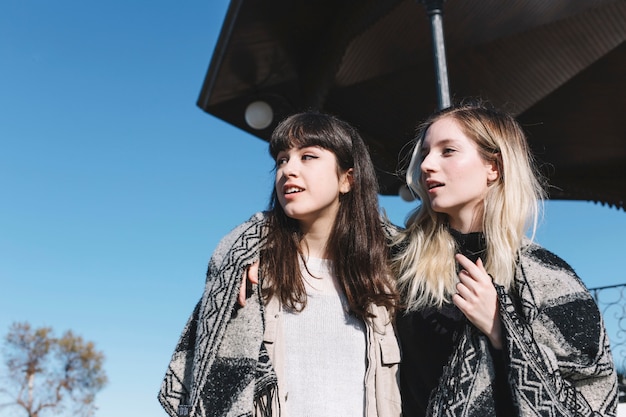 Relaxing girlfriends walking in plaid on street