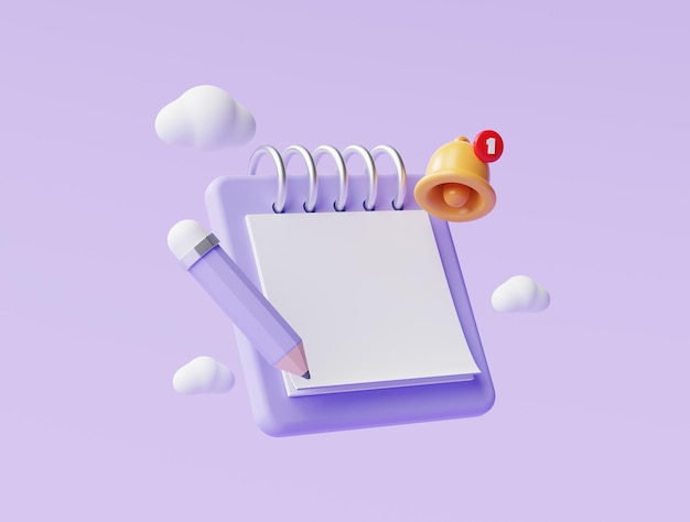 Reminder notification with bell and pencil calendar event planner new note icon 3d illustration on purple background