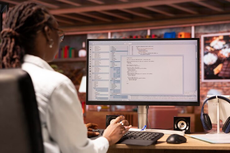 Free Photo remotely working engineer in home office coding on computer monitor