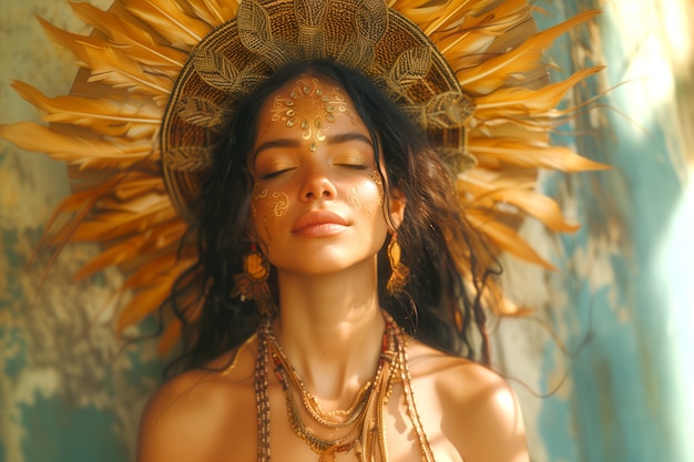 Free photo renaissance portrait of woman as sun goddess