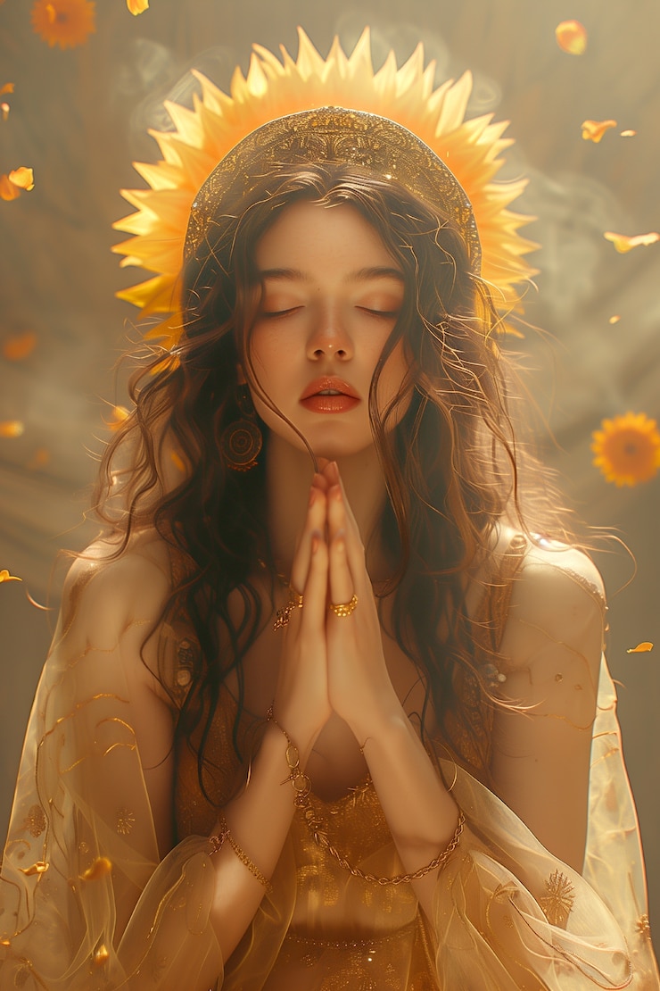 Free Photo renaissance portrait of woman as sun goddess