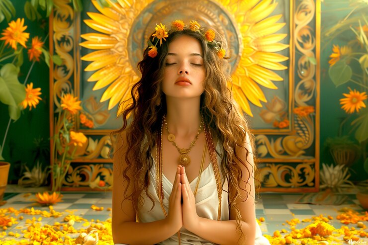 Free Photo renaissance portrait of woman as sun goddess