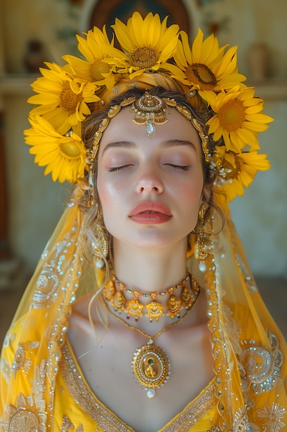 Free photo renaissance portrait of woman as sun goddess