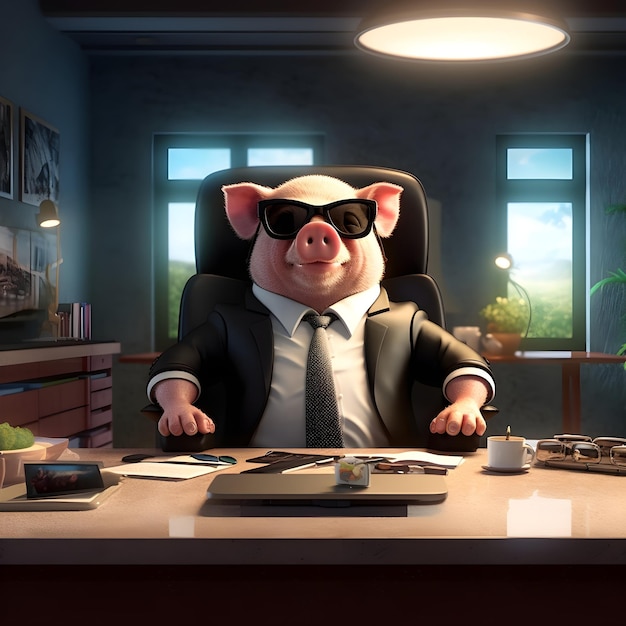 Free photo render pig dressing a black suite with sunglasses in a cristal office like a boss