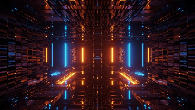 Rendering abstract futuristic background with glowing neon blue and orange lights