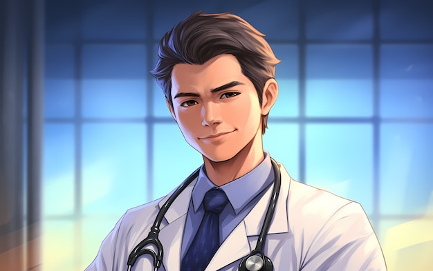 Rendering of anime doctor at job