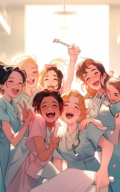 rendering of anime doctors having party