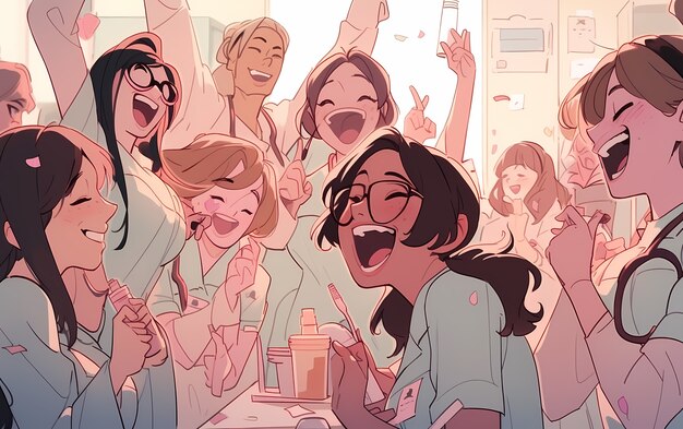 Rendering of anime doctors having party