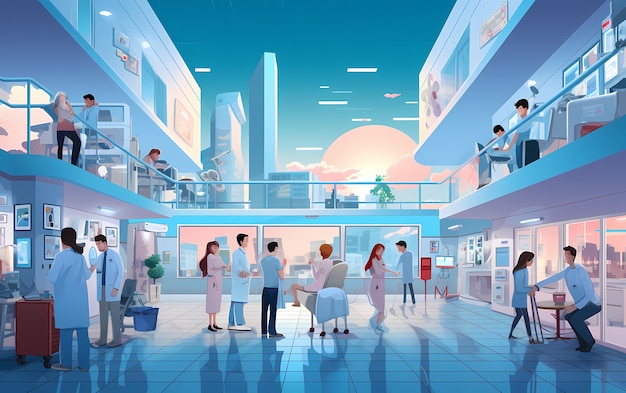 Rendering of anime hospital full of doctors