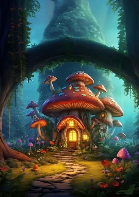 Foto gratuita rendering della foresta di funghi di fantasia dei cartoni animati