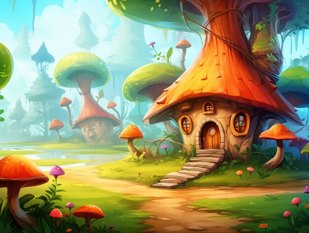 Rendering of cartoon fantasy scene illustration