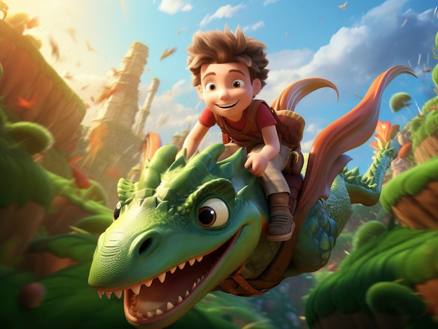 Rendering of cartoon fantasy scene with boy