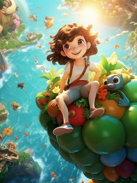 Free photo rendering of cartoon fantasy scene with girl