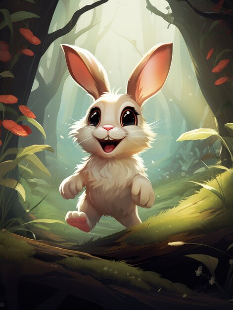 Rendering of cartoon fantasy scene with rabbit