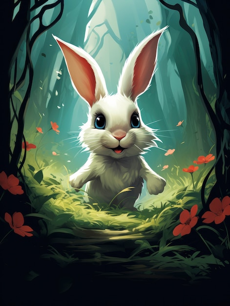 Rendering of cartoon fantasy scene with rabbit