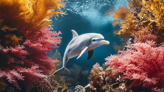 Free photo rendering of dolphin among coral reef