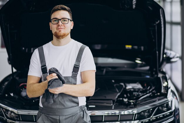 Repair man making car service