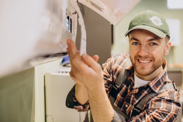 Repairman doing air conditioner service