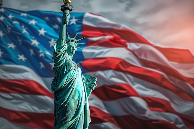 Representation of the american flag with statue of liberty for us national loyalty day celebration