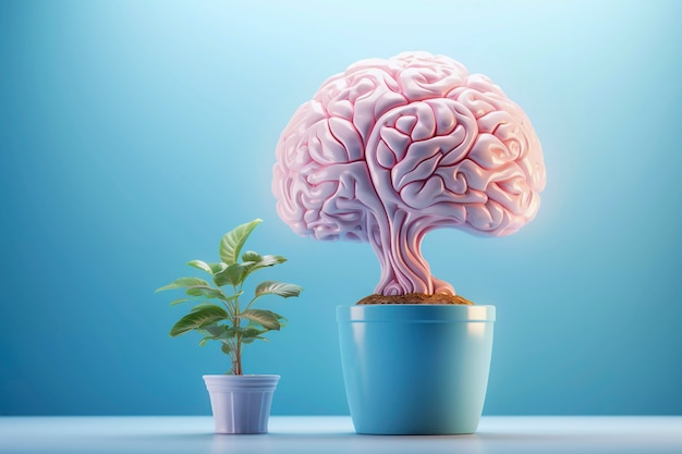 Representation of human brain as plant or tree in pot