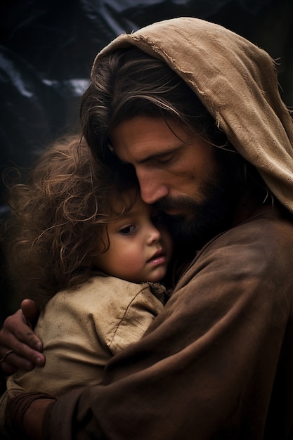 Free photo representation of jesus from christianity religion with child