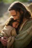 Free photo representation of jesus from christianity religion with child