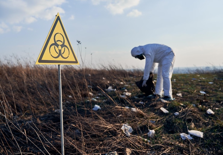Free Photo researcher in protective suit collecting plastic garbage into black waste bag outdoors on a sunny day