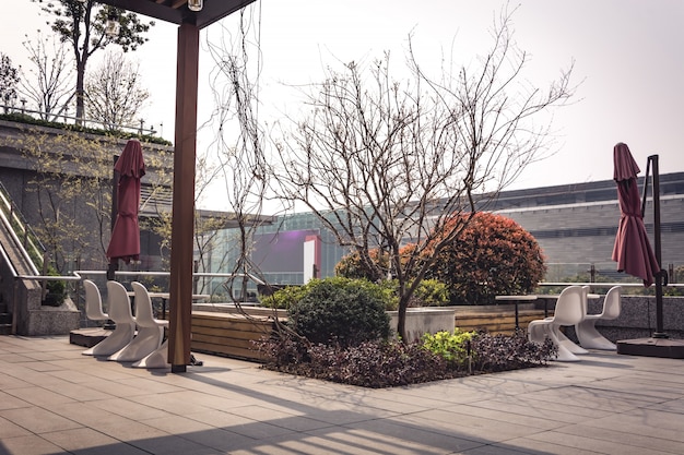 Restaurant with closed umbrellas