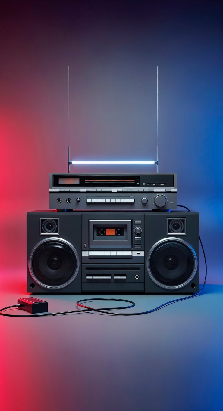 Free Photo retro boombox and audio equipment with neon lighting