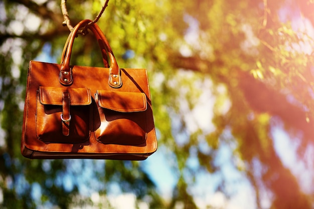 Leafesに掛かっている明るいカラフルな夏の公園でレトロな茶色の男革バッグ