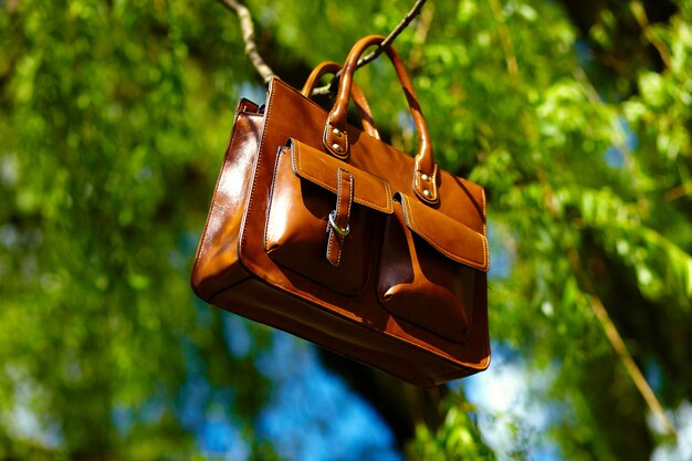 Retro brown  man leather bag  in bright colorful summer park hanging on leafes