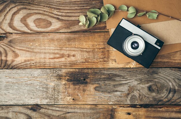 Retro camera letters and eucalyptus twig on wooden background flat lay