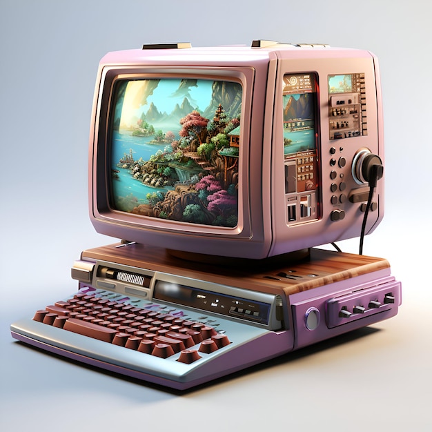 Foto gratuita computer retro con una console di videogiochi e un pesce sullo schermo