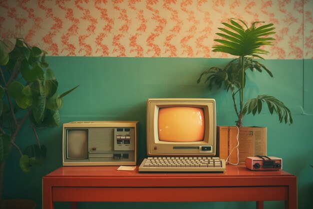 Retro desktop arrangement on table