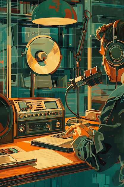 Illustrazione d'arte digitale retro di una persona che utilizza la tecnologia radio