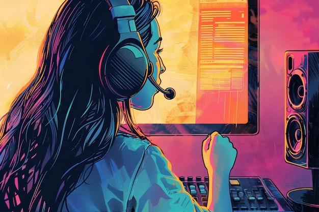 Retro digital art illustration of person using radio technology