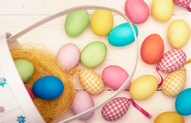 Retro easter basket and colorful easter eggs