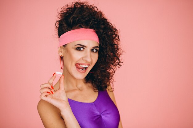 Retro girl with chewing gum isolated