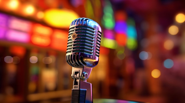 Retro microphone against blur colorful light restaurant background Generative Ai