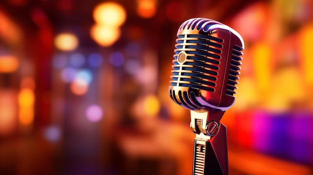 Retro microphone against blur colorful light restaurant background Generative Ai