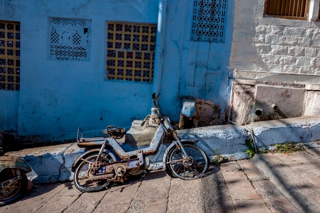 Retro motorbike in blue city, Jodhpur India