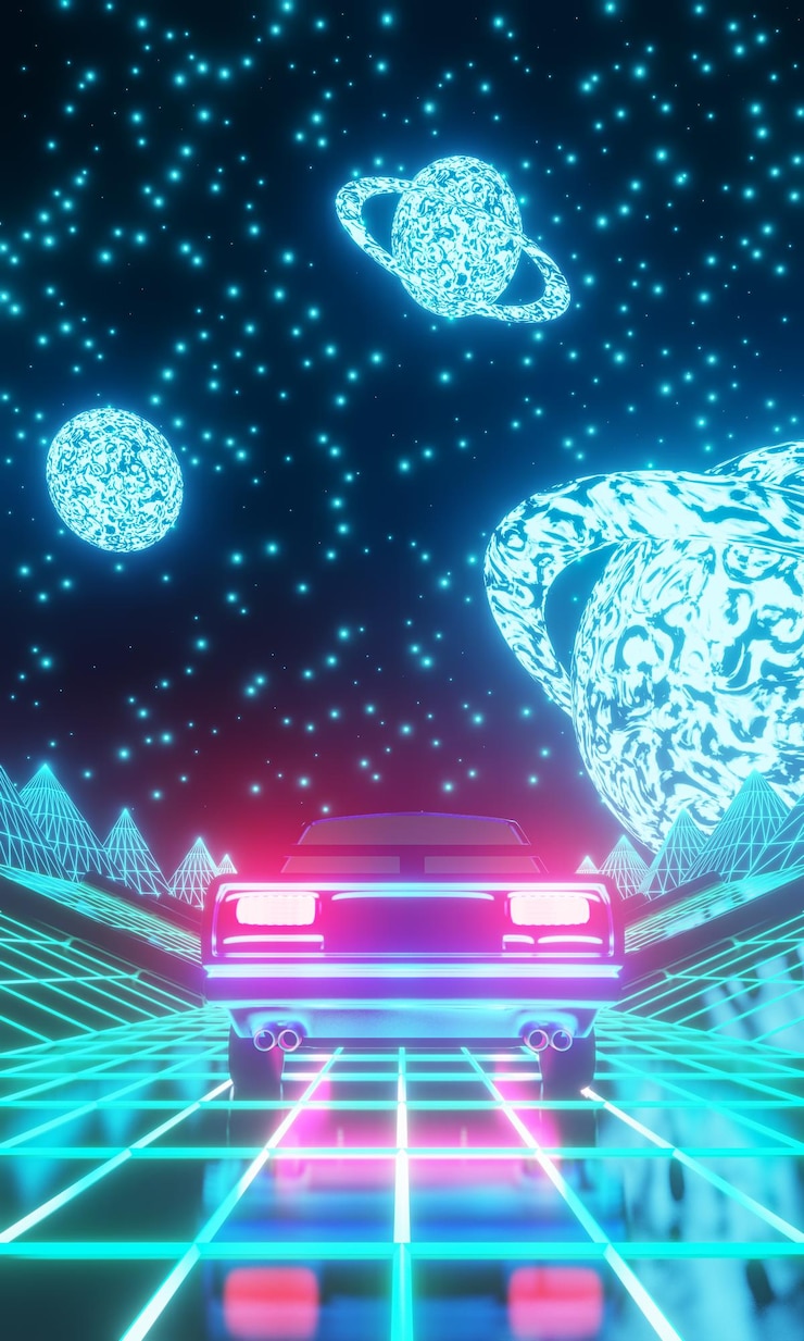 Free Photo retro scene of car traveling in sci fi landscape toward a planet. 3d render. synthwave vj theme. vertical view