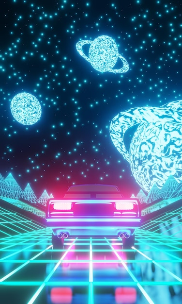 惑星に向かってSF風景の中を移動する車のレトロなシーン。 3Dレンダリング。 Synthwavevjテーマ。垂直方向のビュー