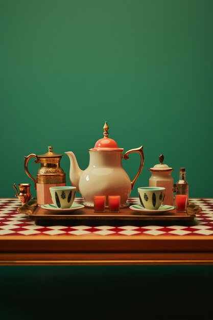 Retro tea set on table