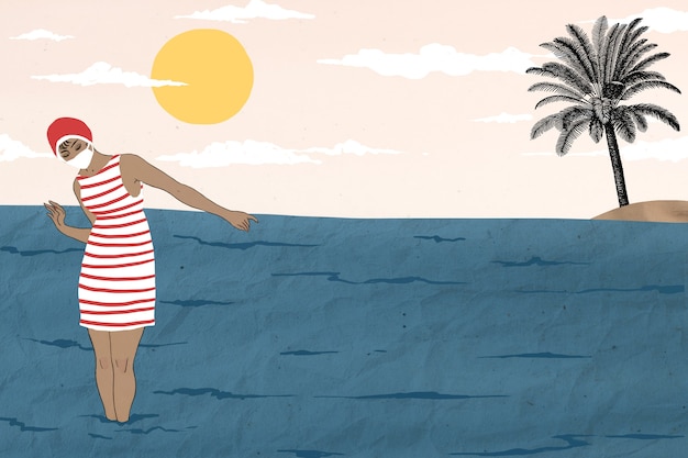 Бесплатное фото Ретро женщина на фоне моря, ремикс на произведения жоржа барбье