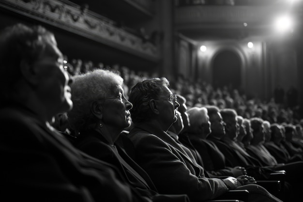 Ретро-сцены Всемирного дня театра со зрителями, сидящими в партере театра